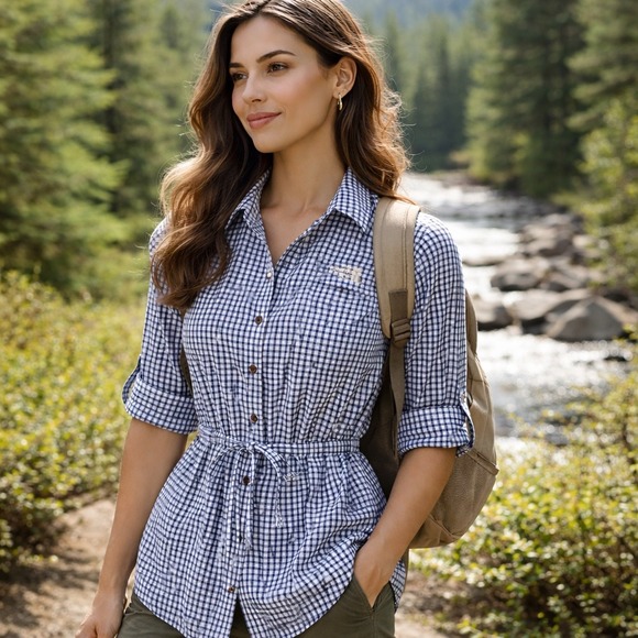 The North Face Tops - Rare The North Face Coolmax Cinch Waist Hiking Shirt 85/US SM Gingham Korea